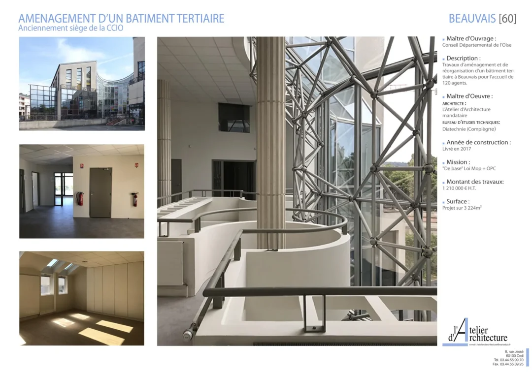 Bâtiment tertiaire aménagé à Beauvais, détails intérieurs.
