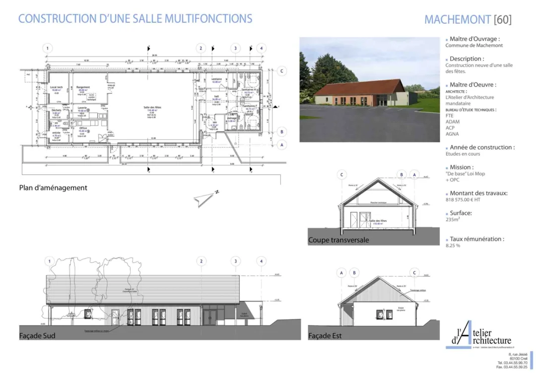 Plan et photos d'une salle multifonction en construction.