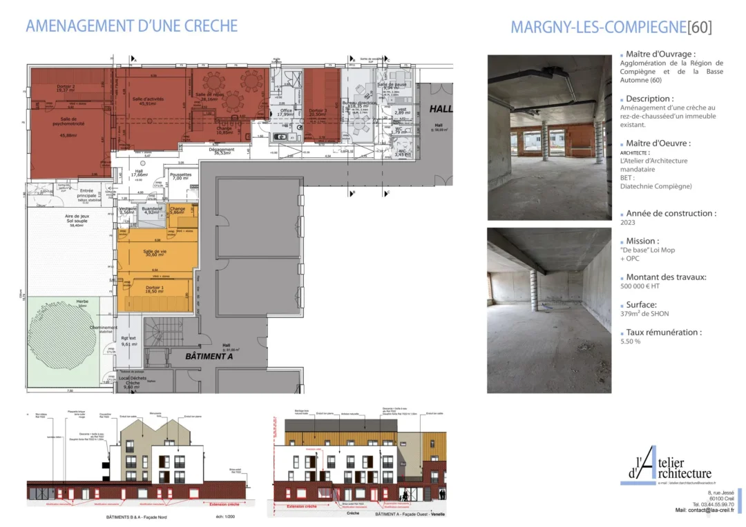 Plan et photos d'une crèche en construction.