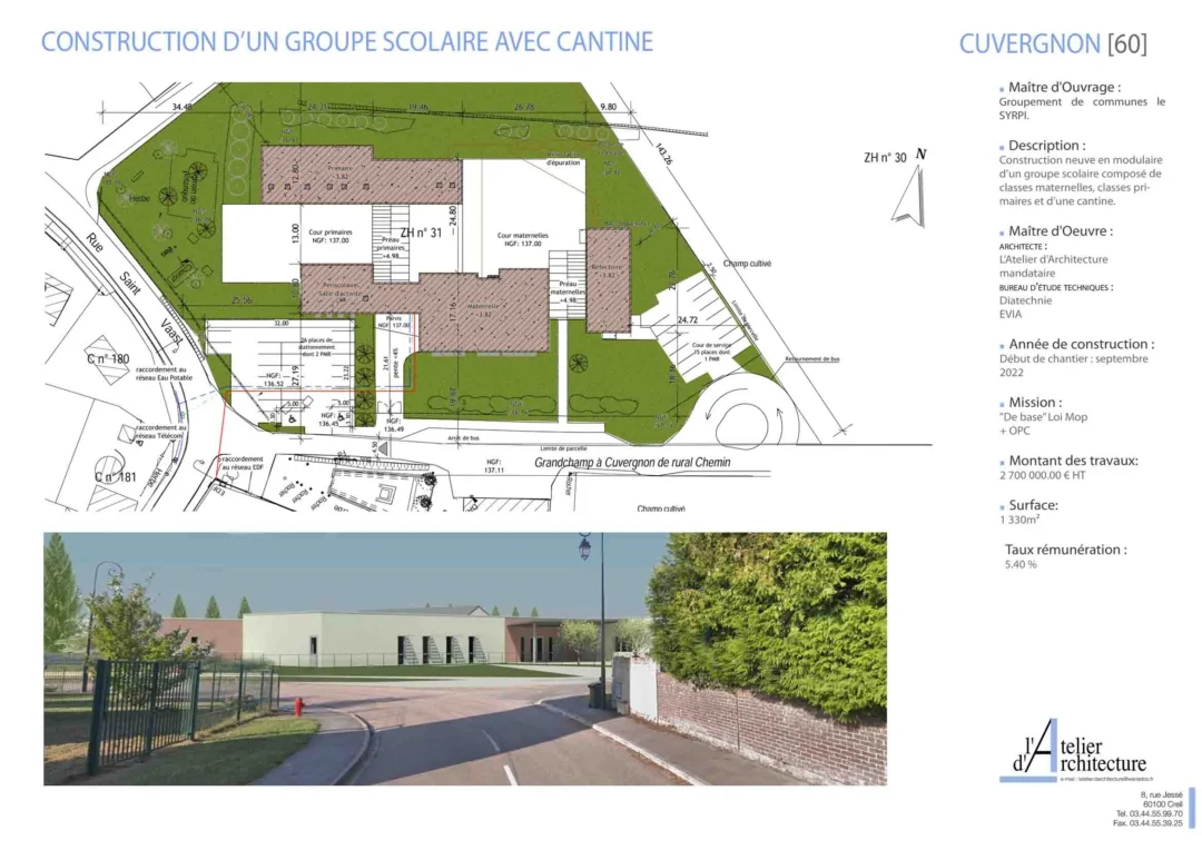 Plan et visuel d'un groupe scolaire avec cantine.